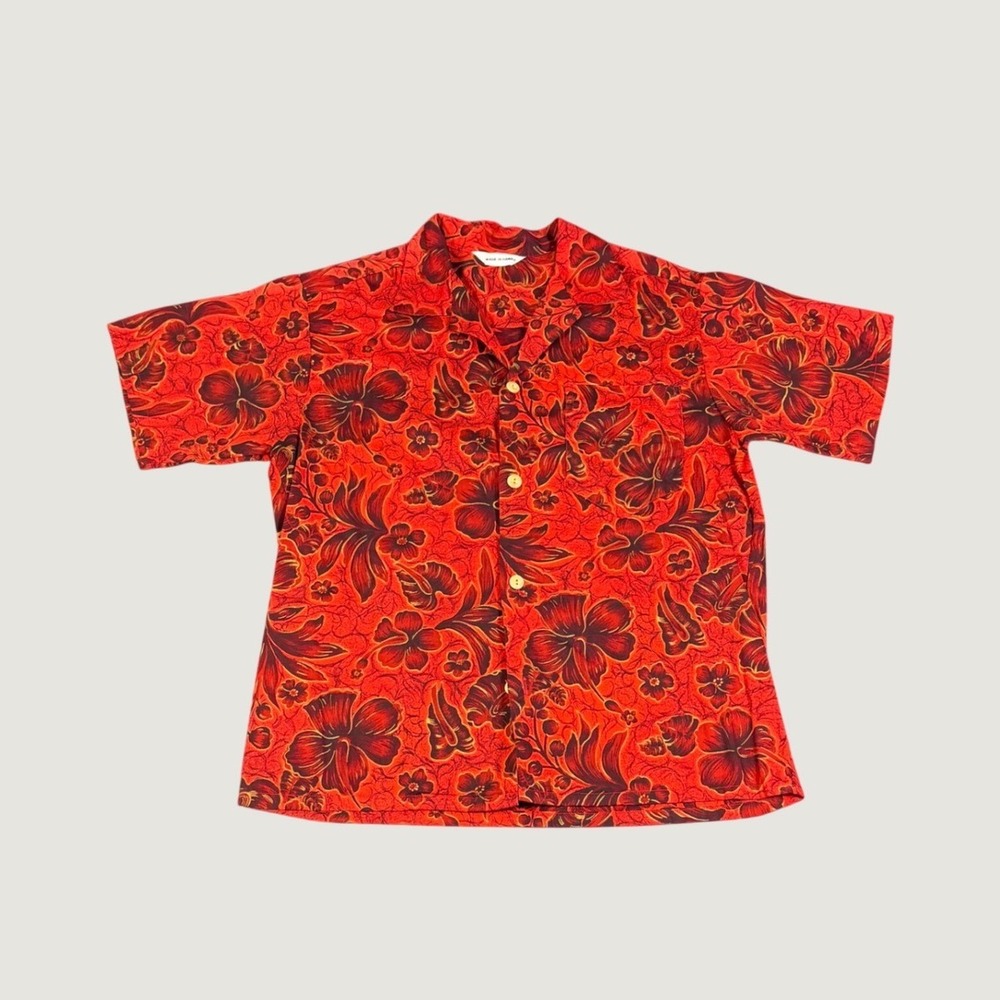 Vintage Made in Hawaii Red Hibiscus Floral Button Down Camp Shirt Mens Medium